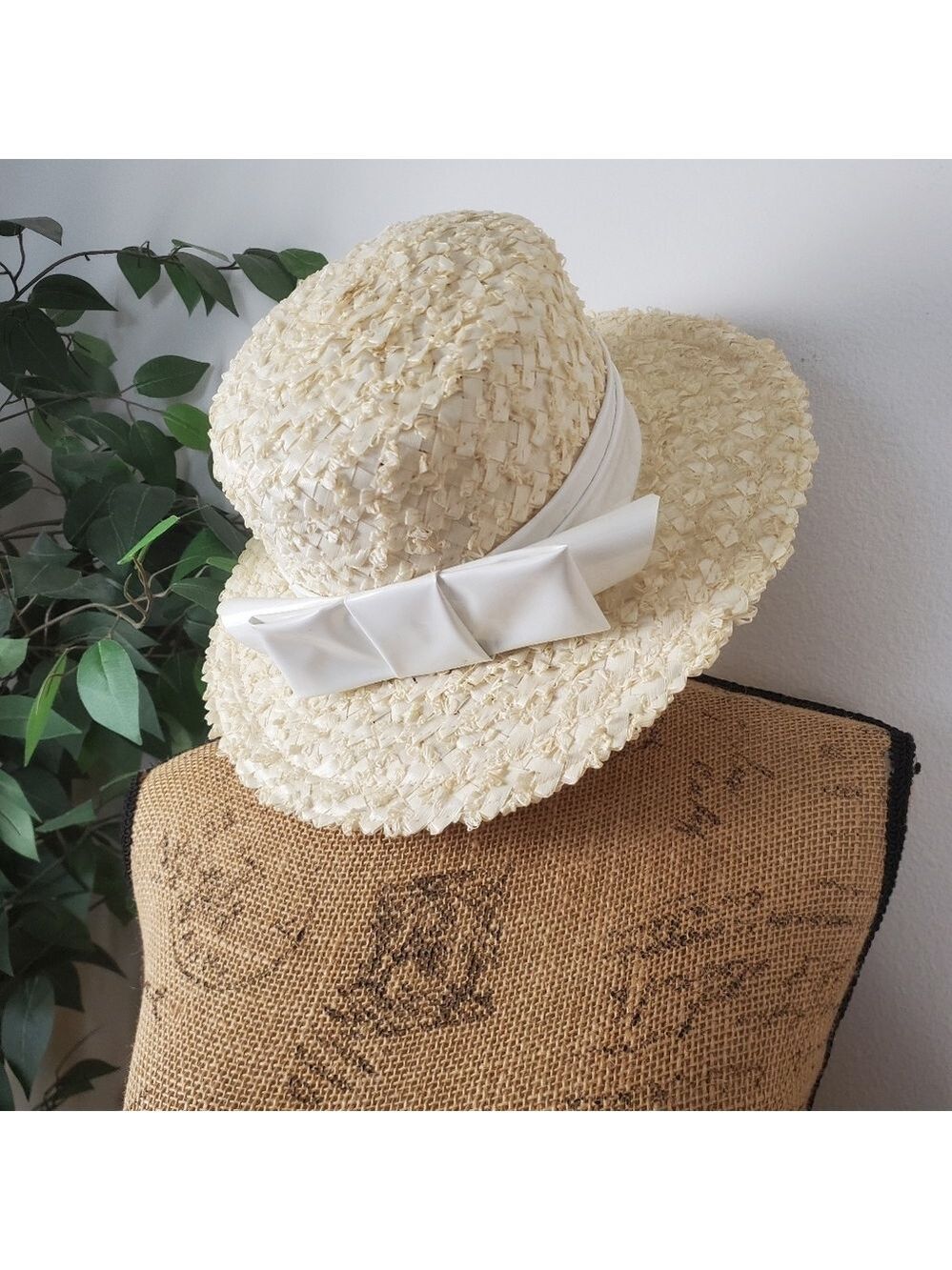 Vintage Valerie Modes Cream Straw Wide Brim Hat White Bow